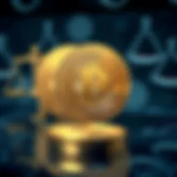 A digital representation of bitcoins with legal symbols in the background.