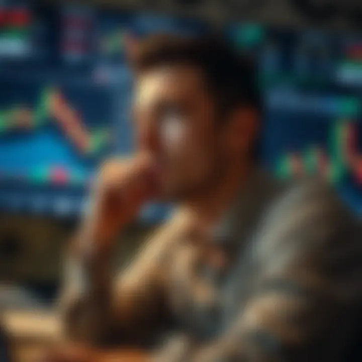 Contemplating Trading Strategies A focused individual contemplating trading strategies with charts in the background