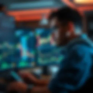 Analyzing Cryptocurrency Trends A trader analyzing cryptocurrency trends on multiple screens