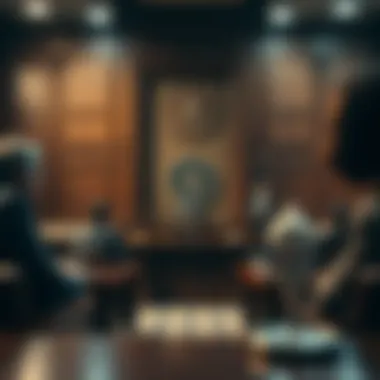 A courtroom scene depicting a cryptocurrency trial
