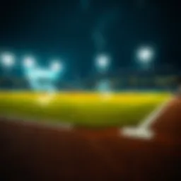 A baseball field illuminated at night with digital currency symbols overlay