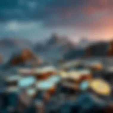 Cryptocurrency Landscape A digital representation of various cryptocurrencies in a virtual environment